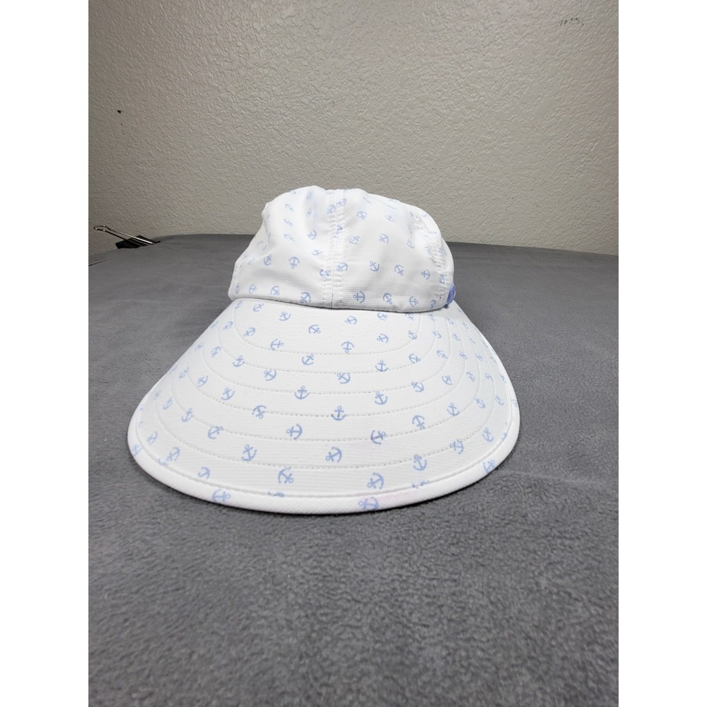 Ponyflo Ponytail Visor Hat White Blue Anchor Print Adjustable Sun Cap Gardening